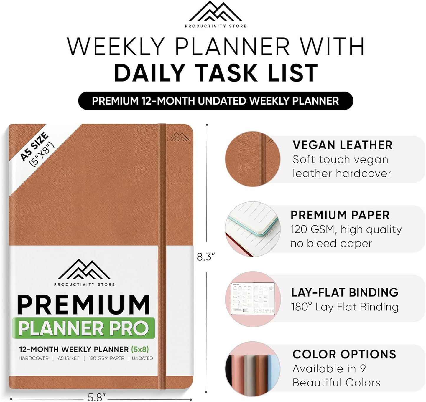 2025 Planner Pro 5.8 x 8.3 - Undated Productivity & Business Planner Notebook & Journal - Monthly Planner 2025 & Daily Planner 2025-2026 - A5 - Brown - Productivity Store