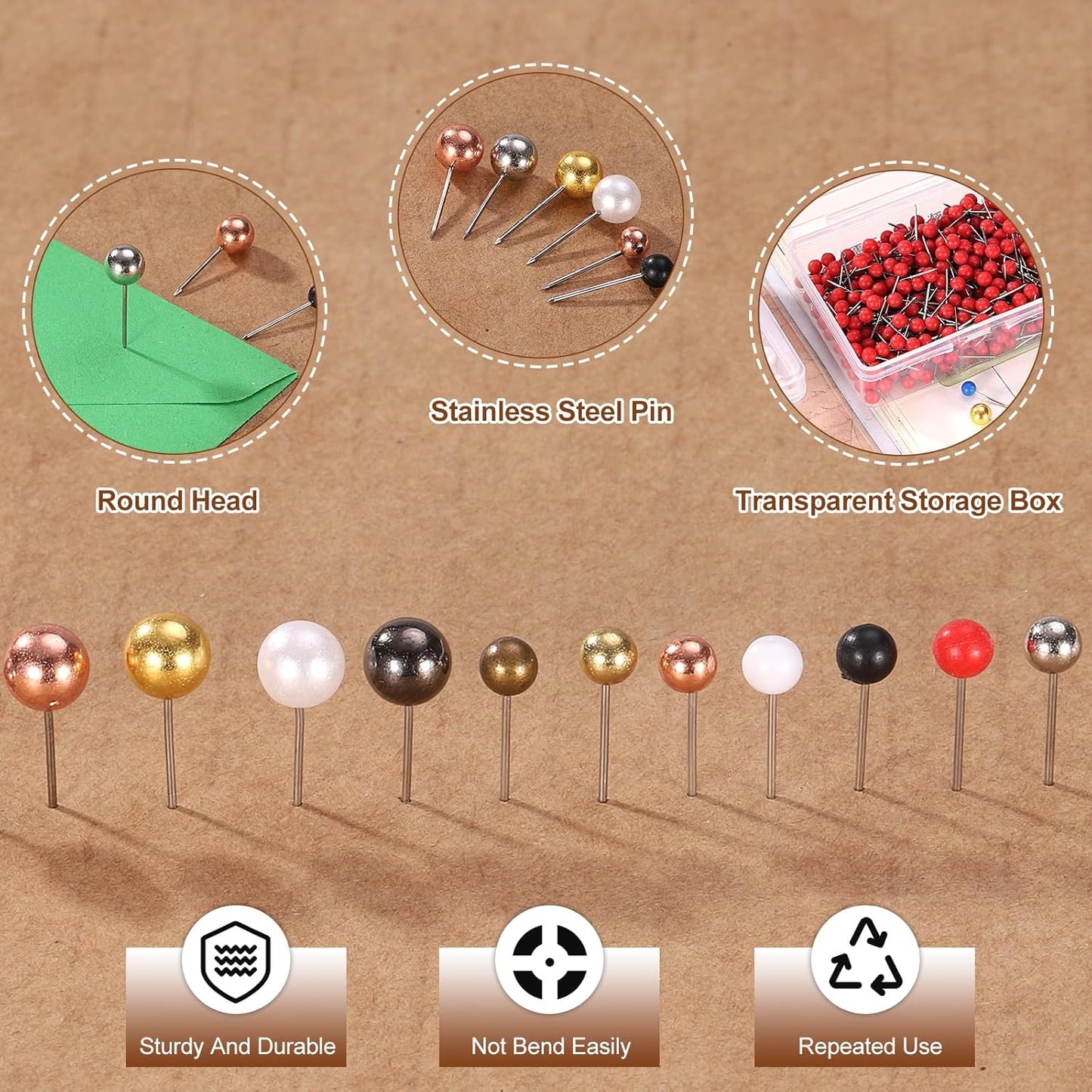 uxcell 800 Pcs Push Pins, Map Thumb Tacks 4mm Round Head Decorative Push Pins for Bulletin Board Home Office Travel Wall DIY Crafts Map Photo, Gold