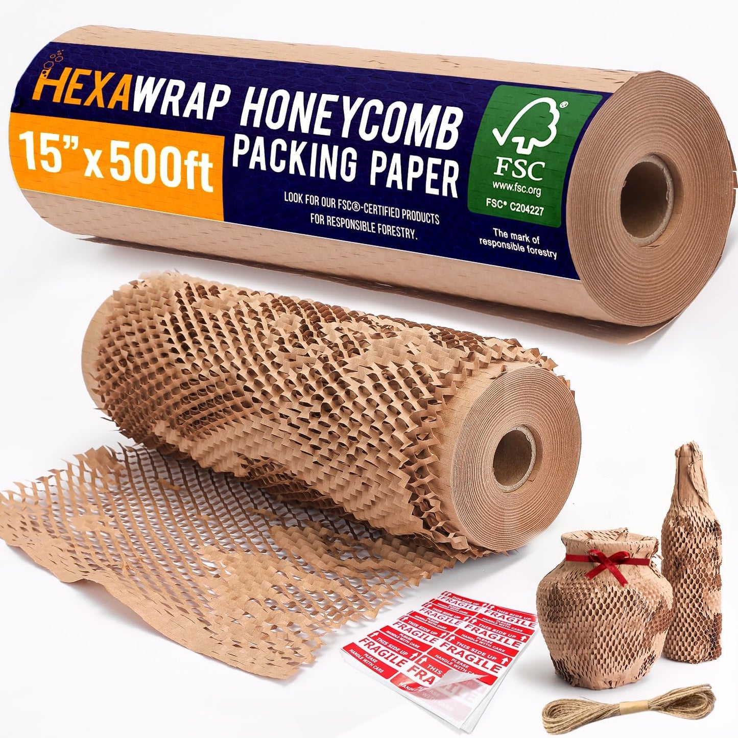 Honeycomb Packing Paper 15" x 500ft with Rope & 20 Fragile Stickers|Shipping & Moving Supplies|Small Business Packaging Supplies|Eco Friendly Bubble Wrap Packing Boxes for Moving Certified FSC C204227