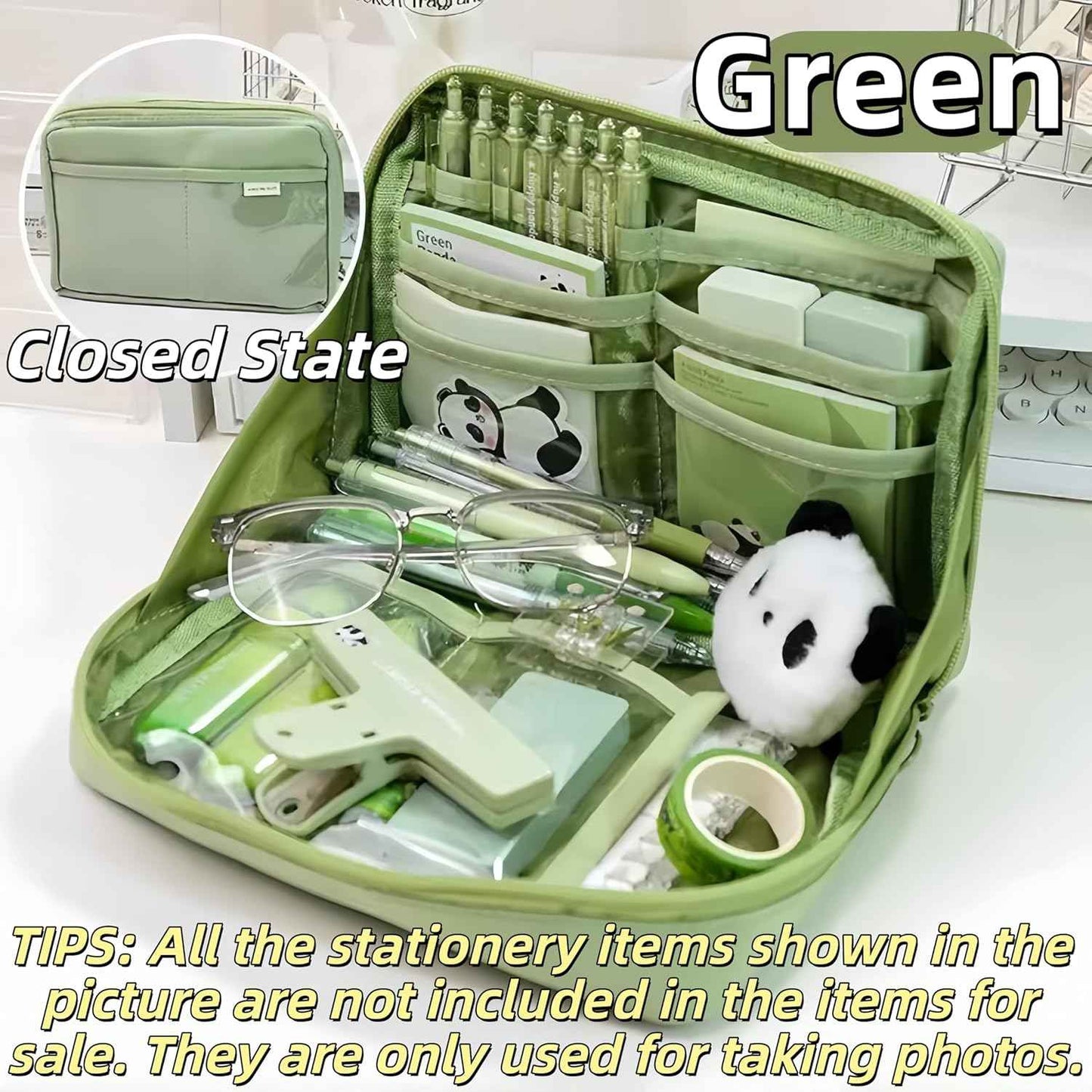Kawaii Cute Aesthetic Pencil Case - Large Capacity Canvas Pen Pouch Bag (Green)