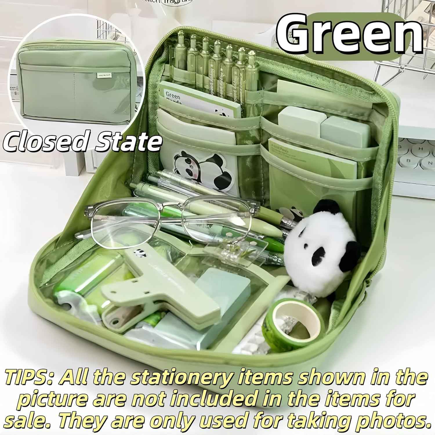 Kawaii Cute Aesthetic Pencil Case - Large Capacity Canvas Pen Pouch Bag (Green)
