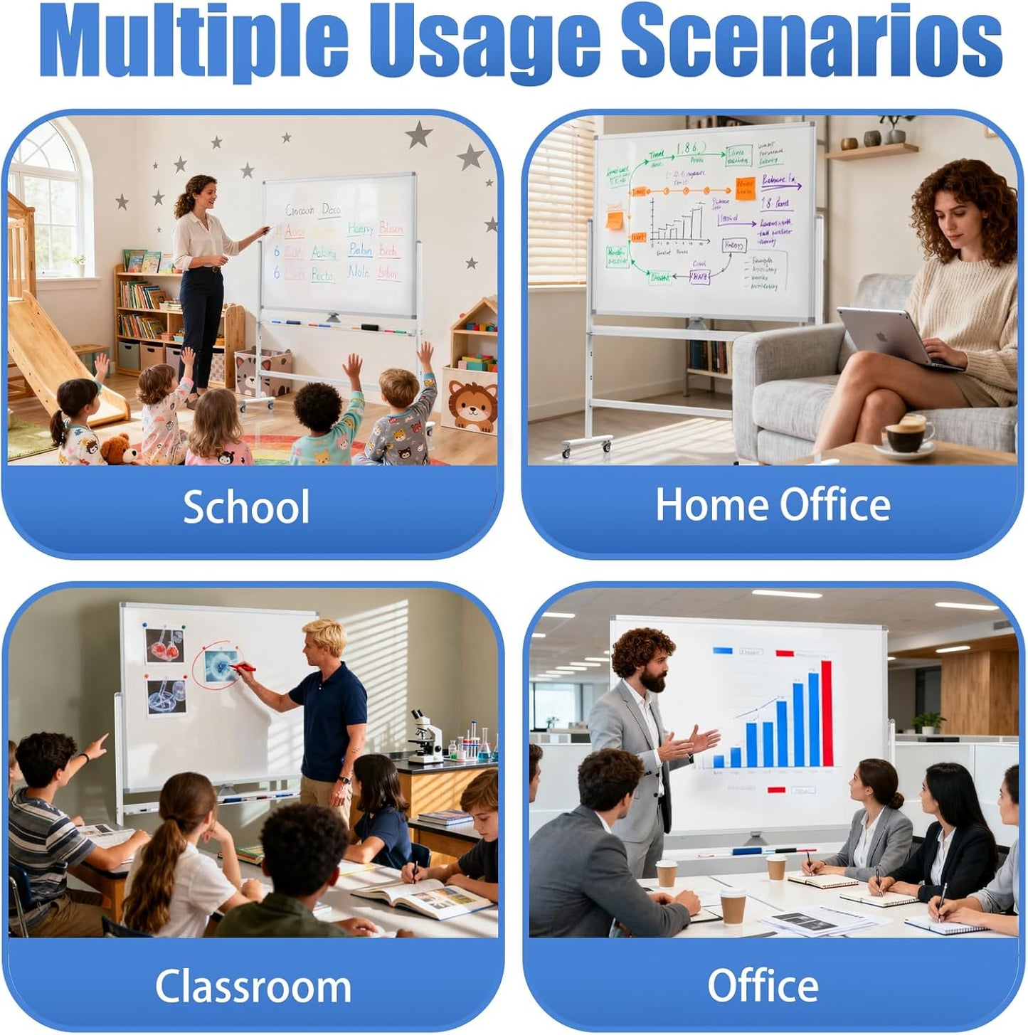 Rolling Whiteboard 48"x36" Magnetic Dry Erase Board with Stand, Double Sided Mobile Whiteboard on Wheels, Non-Foldable Large Portable White Board for Office, Classroom & Home
