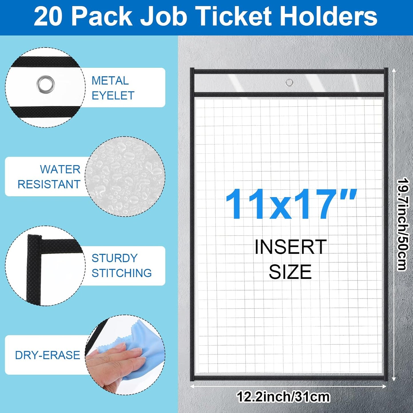 20 Pack Job Ticket Holders, 19 x 12 Inch Dry Erase Pockets Paper Sleeves Reusable Shop Ticket Protectors Writable and Erasable Document Cover for Work Orders Classroom Use
