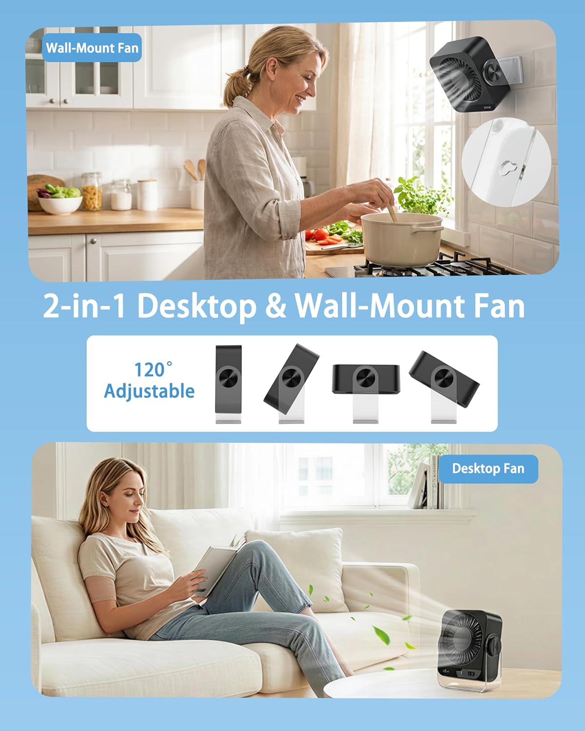 Rechargeable Small Desk Fan - Quiet 199 Speed Turbo Blade Personal Fan for Bedroom, Office, Dorm & Travel, 120° Tilt, USB & Battery Operated, Compact Portable Cooling Fan