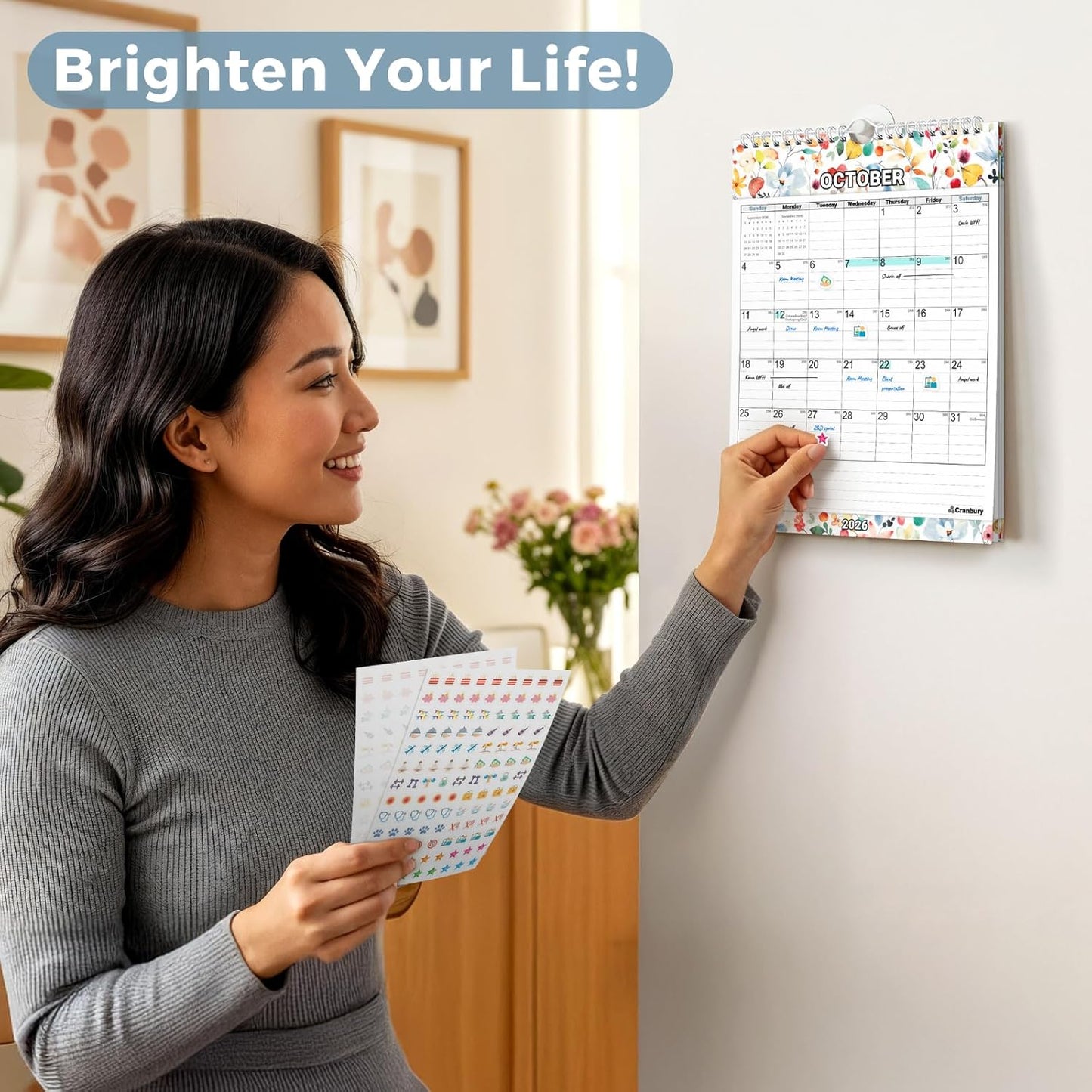 CRANBURY Small Wall Calendar 2026, 8.5x11 Vertical Calendar (Seasonal), Hanging or Desk, Starts Now and Runs Through Dec 2026, Monthly Planner for Home, School & Office, Includes Stickers