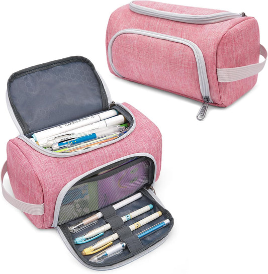 XQXA Extra Large Capacity Pencil Case Organizer, Multifunctional Pencil Pouch with Compartmens, Travel Simple Stationery Bag, Nylon Pencil Bag for Adults (Pink)
