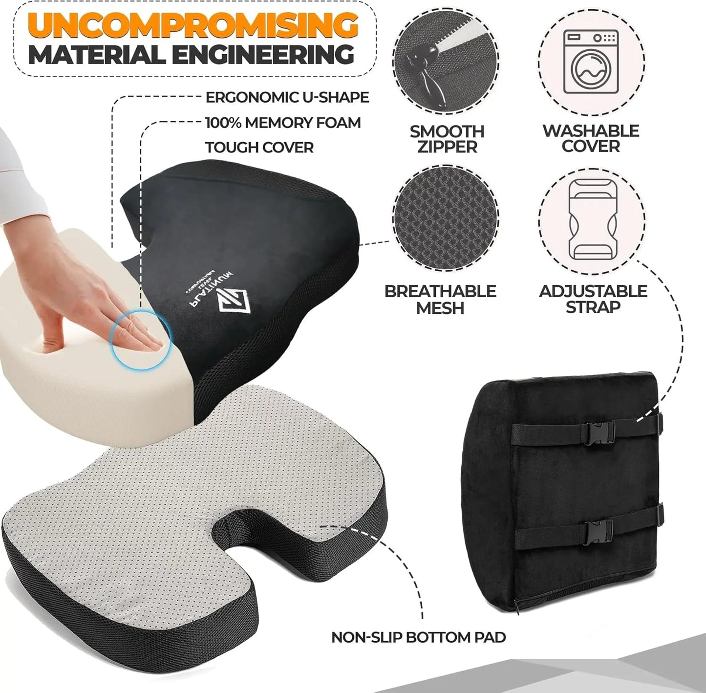 Ergonomic Memory Foam Lumbar & Seat Cushion Back,Tailbone Pain Relief