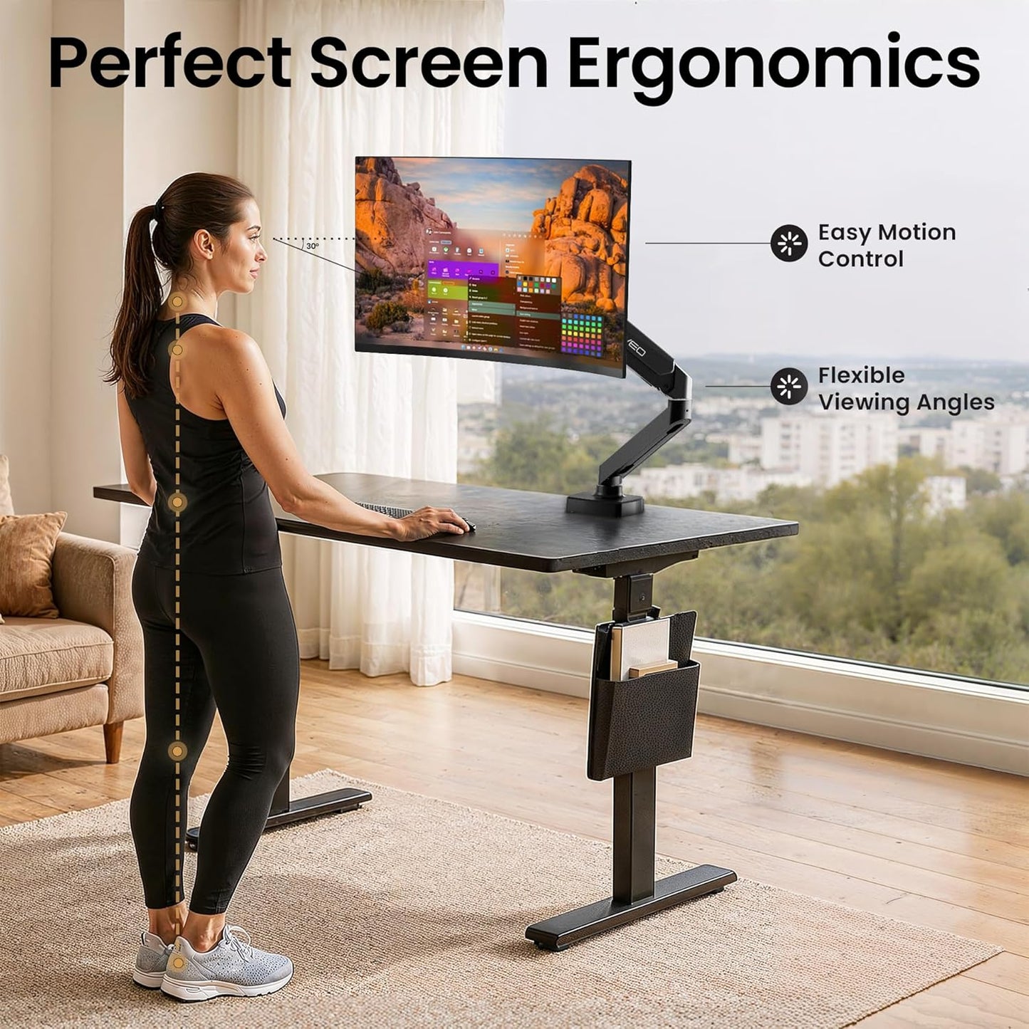 EVEO Premium Single Monitor Arm 14"–34", Adjustable Gas Spring Monitor Mount, Single Arm Desk Mount for 34 Inch Computer Screens, VESA Compatible Stand with Clamp and Grommet Base – Black