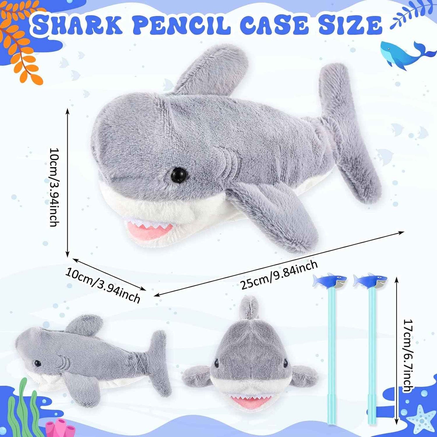 3 Pcs Grey Shark Pencil Pouch for Kids 3D Plush Animal Pencil Case with 2 Fun Pencils & 1 Soft Stationery Bag Ideal Birthday Gift for Boys and Girls, Back to School Supplies