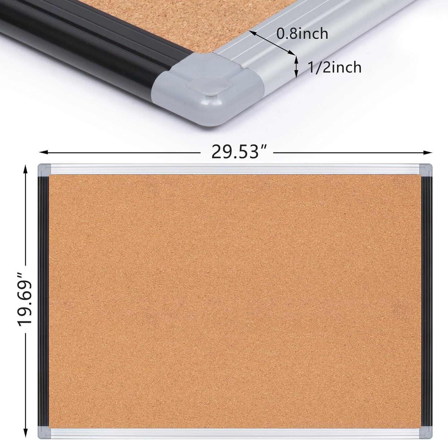 Board2by Cork Board Bulletin Board 20" x 30", Black/Silver Aluminium Framed Corkboard, Office Board for Wall Decor, Large Wall Mounted Notice Pin Board with 18 Push Pins for School, Home & Office