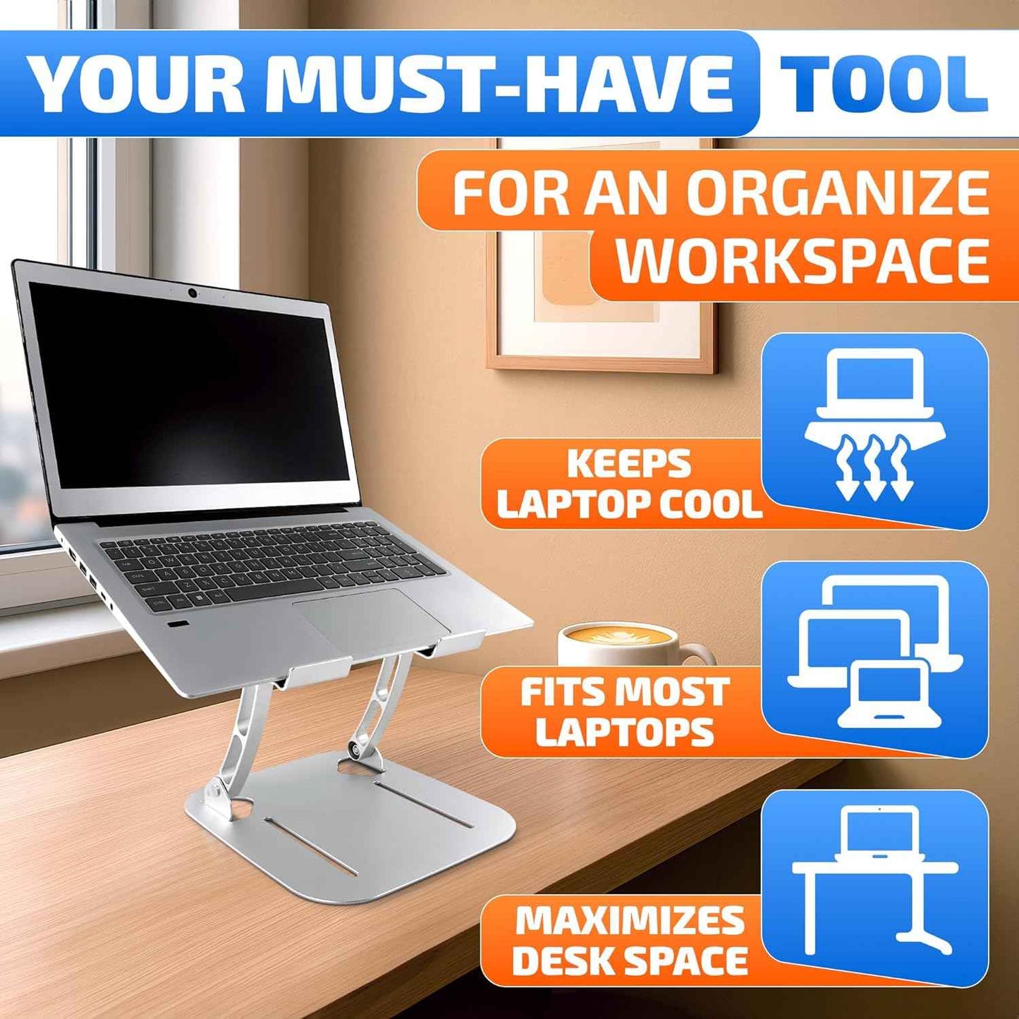 Laptop Stands Height & Angle Adjustable Computer Stand for Laptop -Portable Computer Holder for Desk with Ventilation Slots for Enhanced Airflow - Adjustable Laptop Stands for Desk with Silicone Pads
