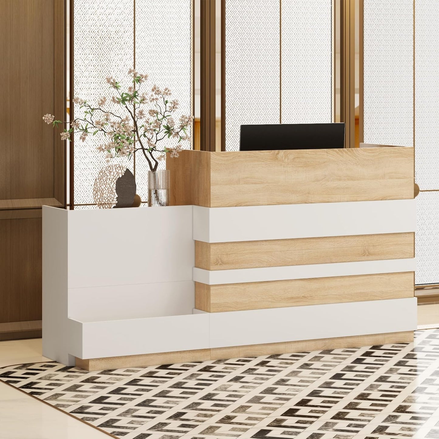 ECACAD Oak & White Reception Desk with Keyboard Tray, Retail Counter with Cabinet, Checkout Counter Table for Office Clinic Retail Lobby Salon