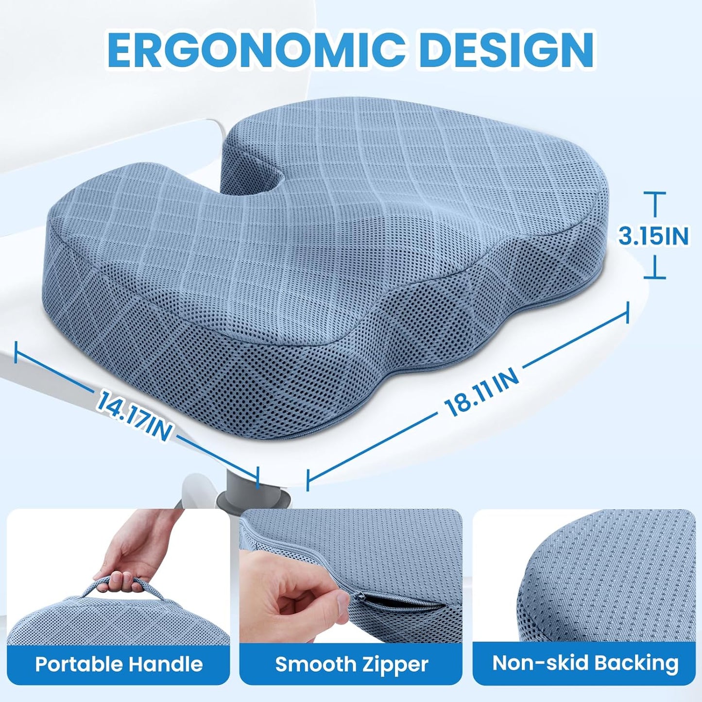 TushGuard Office/Car Seat Cushion, Non-Slip Sciatica & Back Coccyx Tailbone Pain Relief Chair Pad, Memory Foam Butt Pillow for Computer Desk, Wheelchair, Driving (Light Blue)