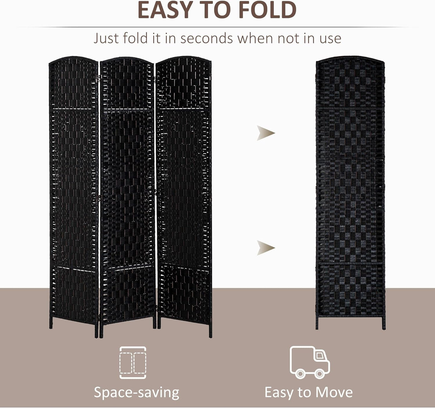 HOMCOM Room Divider, 3 Panel Folding Privacy Screen, 6FT Tall Portable Wicker Weave Partition Wall Divider for Bedroom, Home Office, Black - Lumora Desk