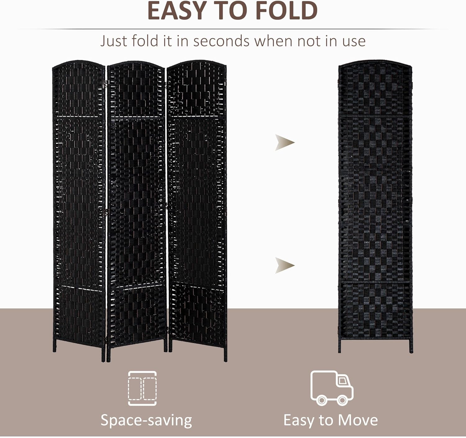 HOMCOM Room Divider, 3 Panel Folding Privacy Screen, 6FT Tall Portable Wicker Weave Partition Wall Divider for Bedroom, Home Office, Black - Lumora Desk