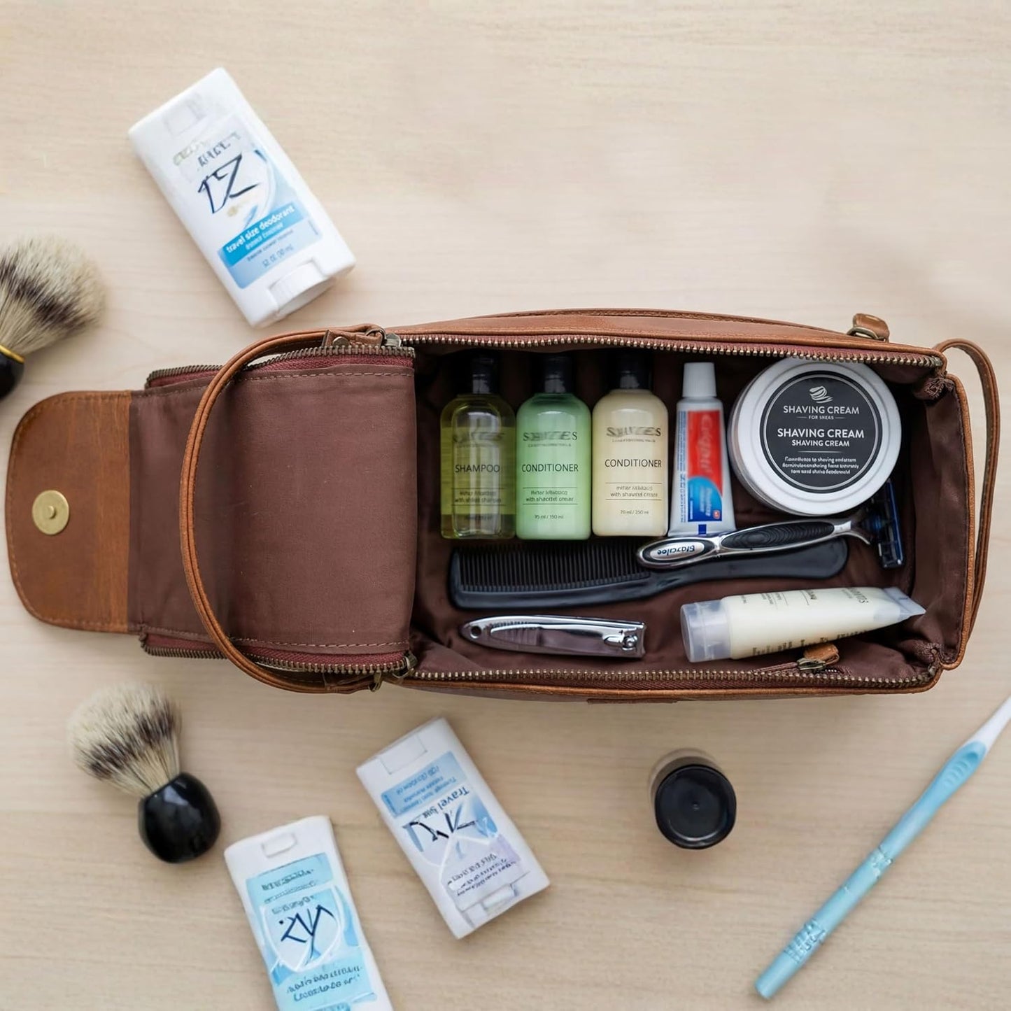 Full Grain Leather Toiletry Kit for Men & Women – Travel Toiletries & Shaving Bag Organizer, Water-Resistant Grooming Case for Bathroom, Makeup & Cosmetic Storage - Cognac Brown