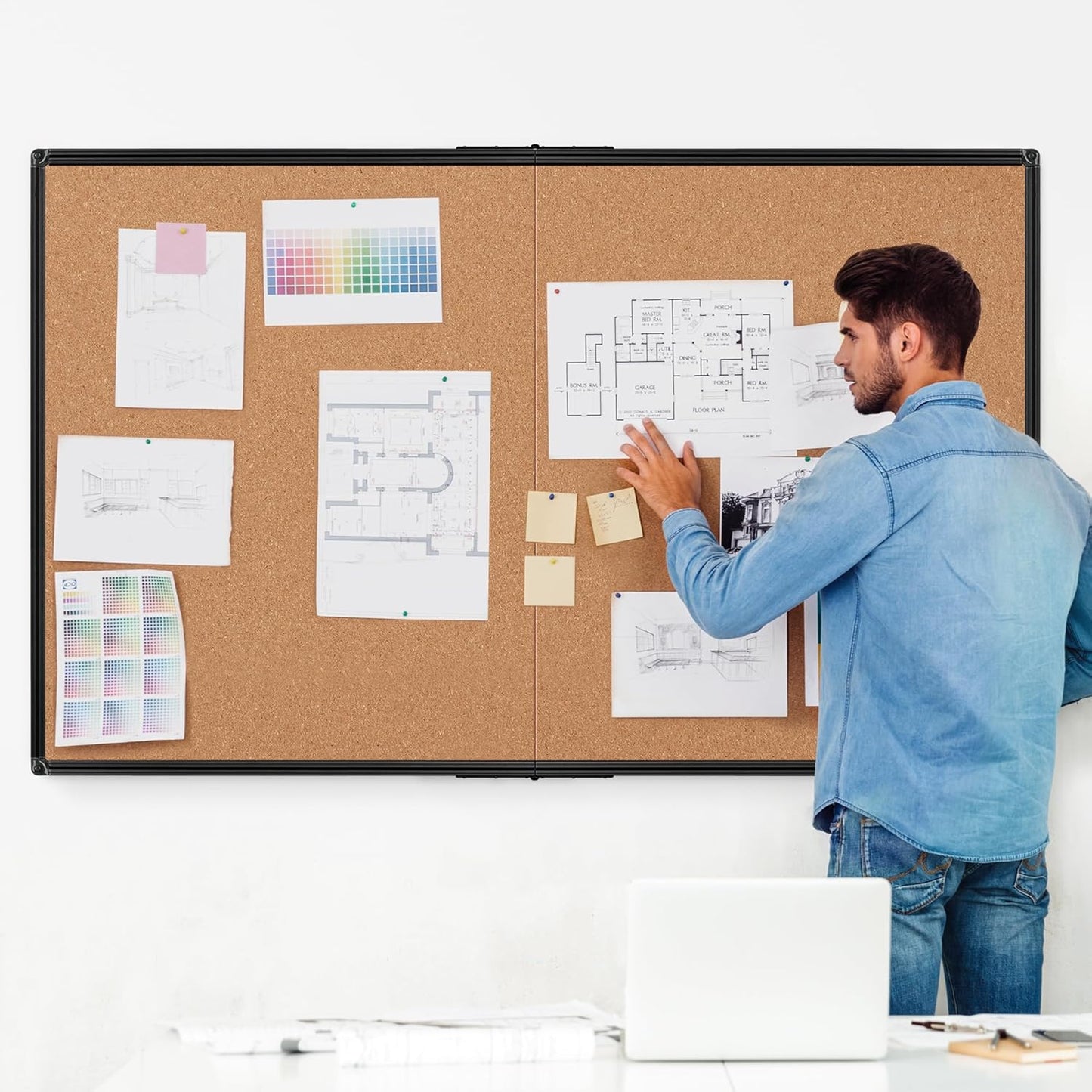 Board2by Extra Large Cork Bulletin Board 72" X 48", Foldable Notice Pin Board for Wall, Black Aluminium Framed 6'x4' Corkboard, Wall Mounted Noticeboard with 32 Push Pins for School, Home & Office - Lumora Desk
