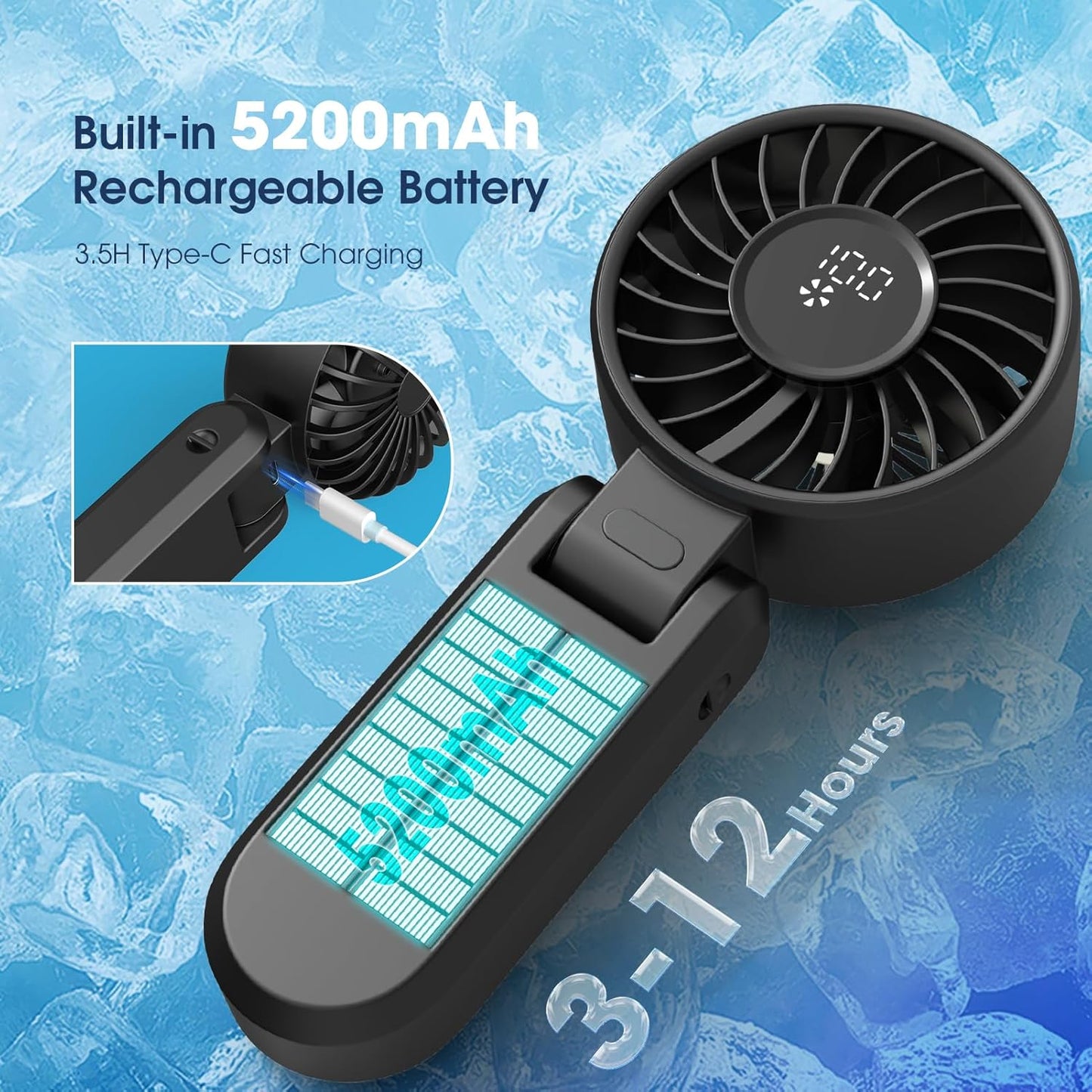 【5200mAh】Portable Handheld Fans for Travel, High-Speed Motor, Rechargeable Hand Held Fan, 5 Speed,180°Foldable, Small Personal Fan,4-IN-1 Hand/Desk/Waist/Neck Fans,Summer Beach Travel Essentials