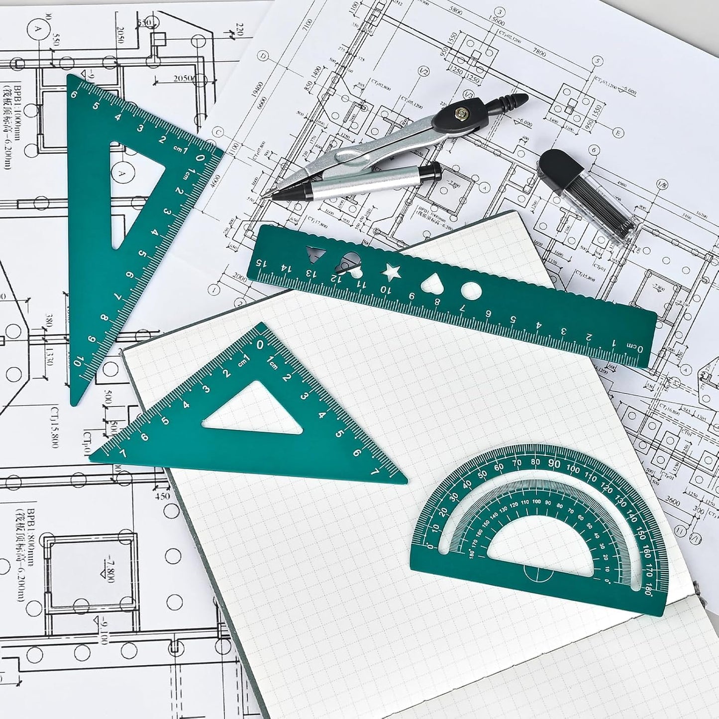 6 Pcs Metal Geometry Set, Math Geometry Kit, Metal Ruler Set and Compass Geometry Tool, Rulers Protractor and Compass Set for Student School and Drawings Supplies (Green)