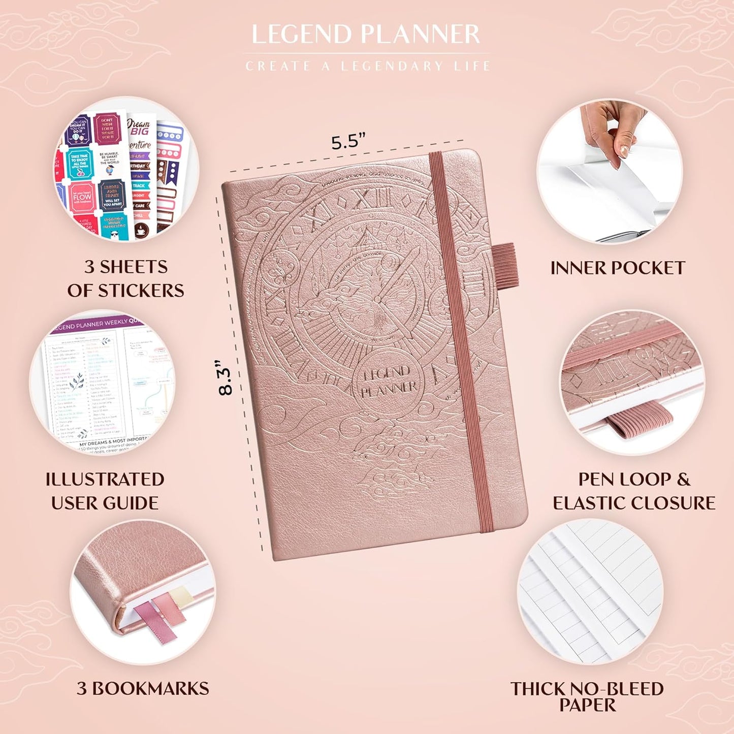 Legend Planner – Weekly & Monthly Life Planner to Hit Your Goals & Live Happier. Organizer Notebook & Productivity Journal. A5 (Rose Gold Gold)