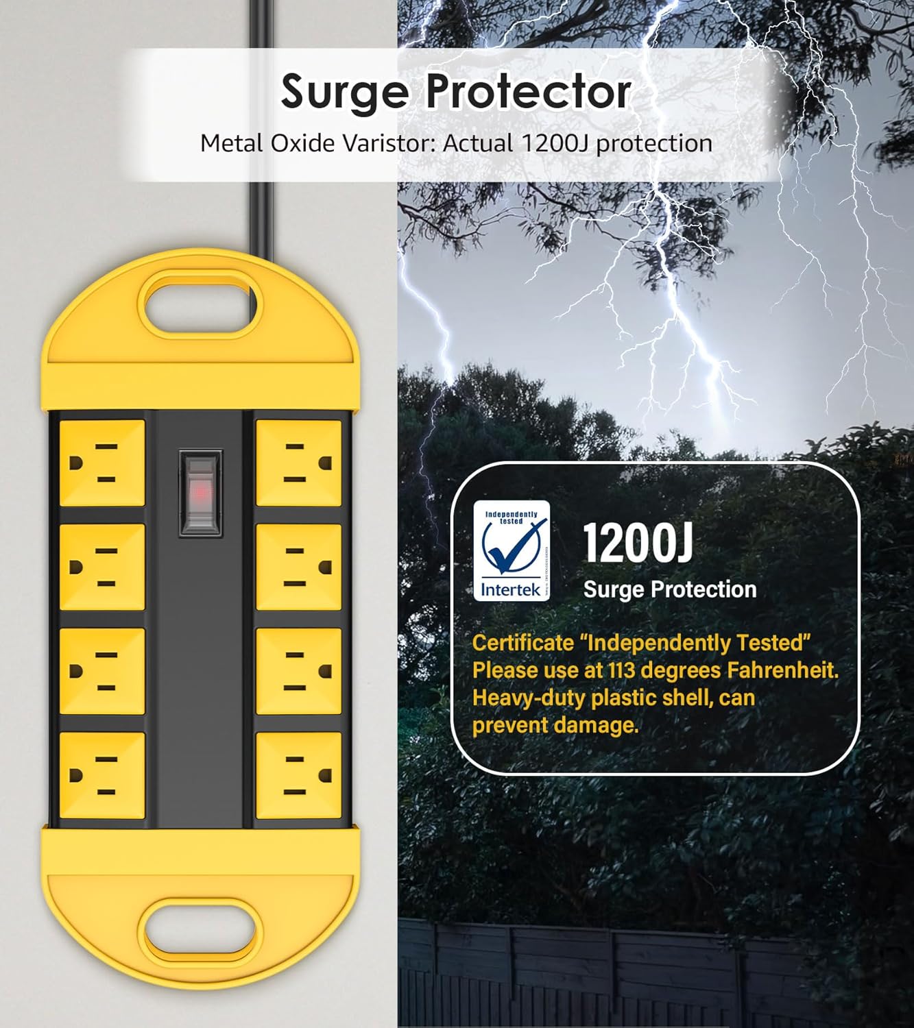 CCCEI GFCI Outdoor Power Strip Weatherproof with 8 AC, Waterproof Extension Cord with Multiple Outlets, Wall Mount Surge Protector Flat Plug, Christmas Exterior Garden, Yard, 15FT, Yellow.