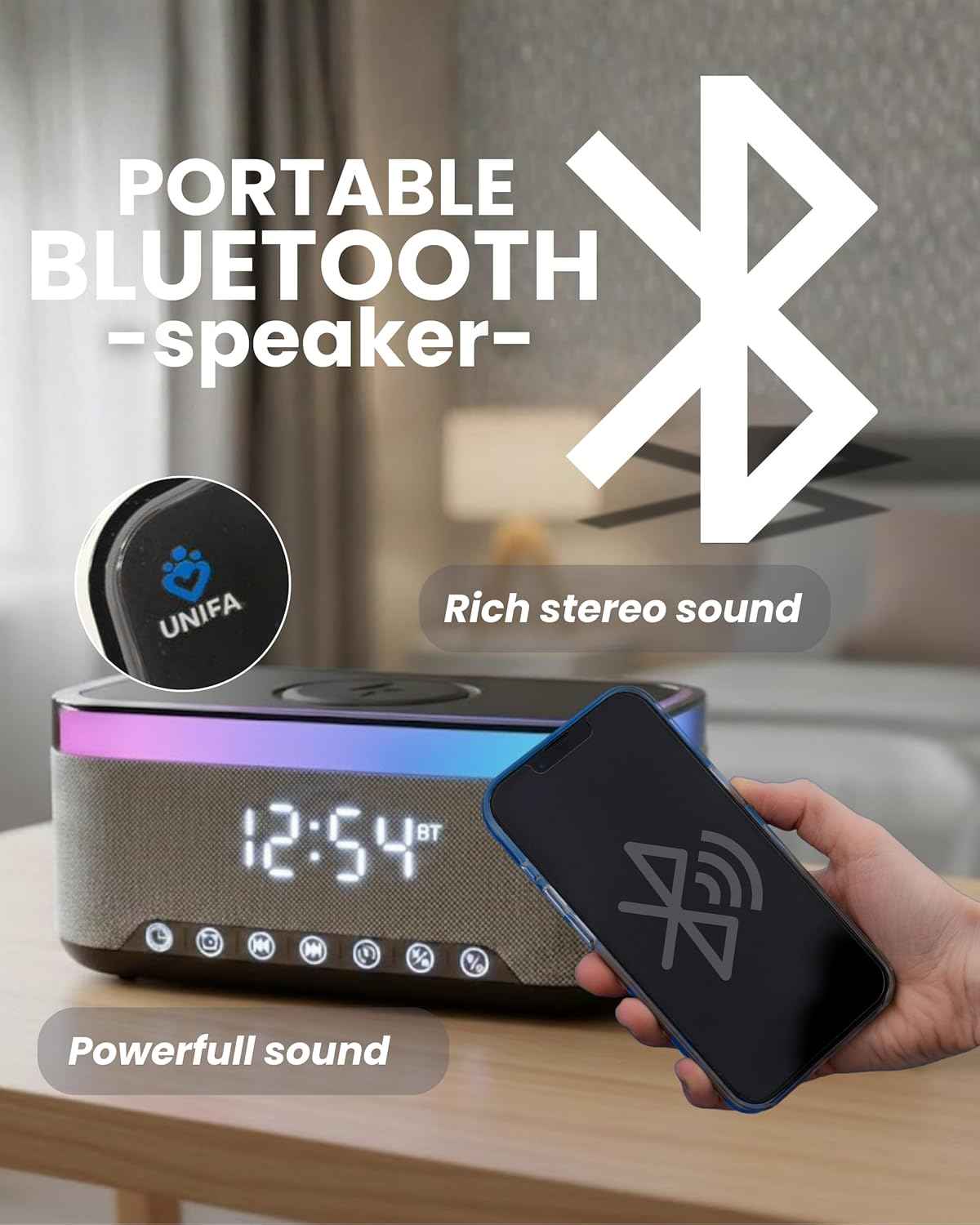 Wireless Charging Alarm Clock with Bluetooth Speaker, FM Radio, Night Light, Dual Alarm, USB Charger, LED Bedside Clock