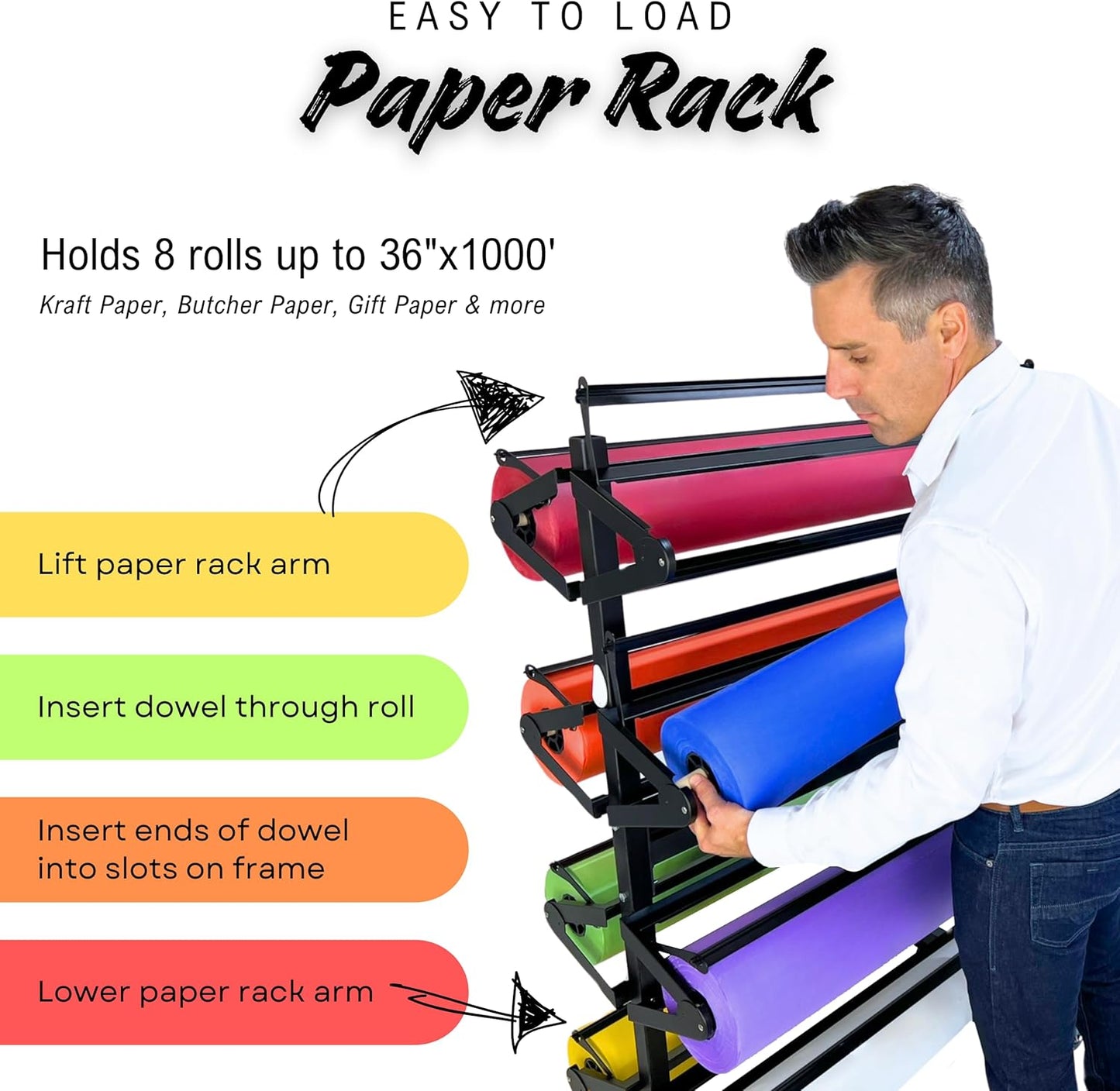 Paper Roll Holder, Dispenser Rack and Cutter - 8 Racks for Large, 36" Butcher, Craft, Gift Wrap & Art Kraft Rolls – Durable, Mobile Rolling Organizer with Ceramic Blade for Classroom, Studio & Retail