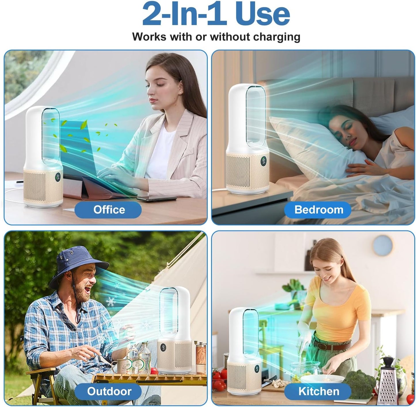 Small Bladeless Desk Fan Quiet, 14 Inch USB Rechargeable Table Fan with 5000mAh Battery, 60° Oscillating 9 Speeds Touch Control, 3 Light Modes, Mini Portable Fan for Office Bedroom Living Room