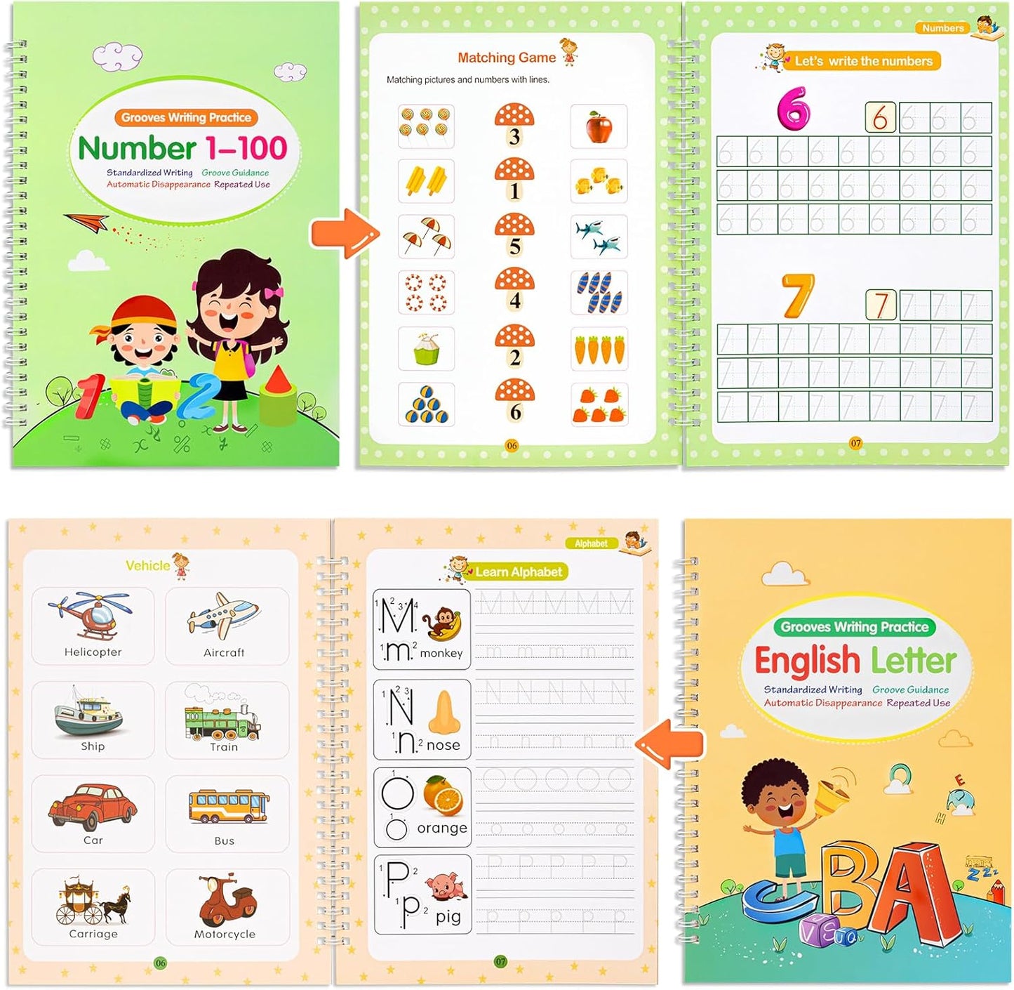 Large Size Grooved Writing Books for Kids Age 3-5 6-8, 8 Pack Magic Grooved Writing Practice Copybooks, Handwriting Prastice with Cute Fade-Resistant Pens, Workbooks Number Letter Tracing for Kids