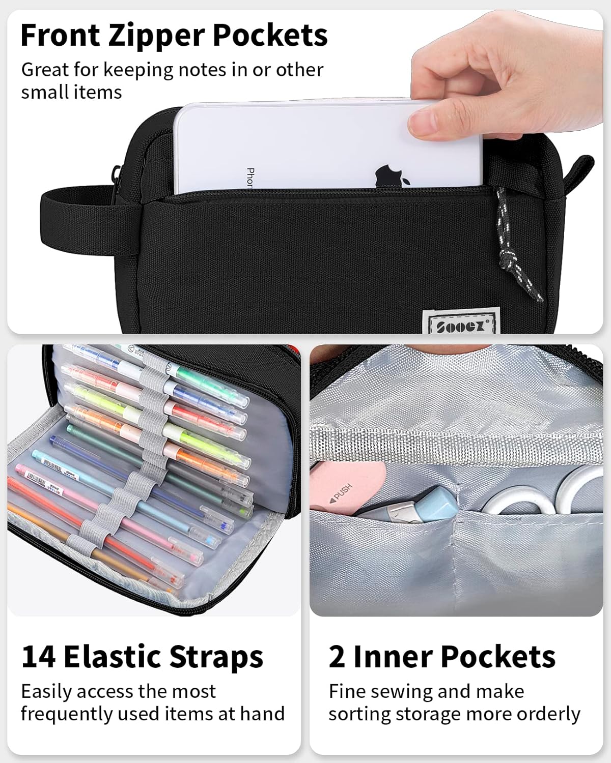 Sooez Big Capacity Pencil Case, Upgraded Canvas Pencil Pouch Large Pencil Bag Organizer, Separate Compartments Easy Grip Handle, Aesthetic Supply for School Teens Adults, Black Pen Case