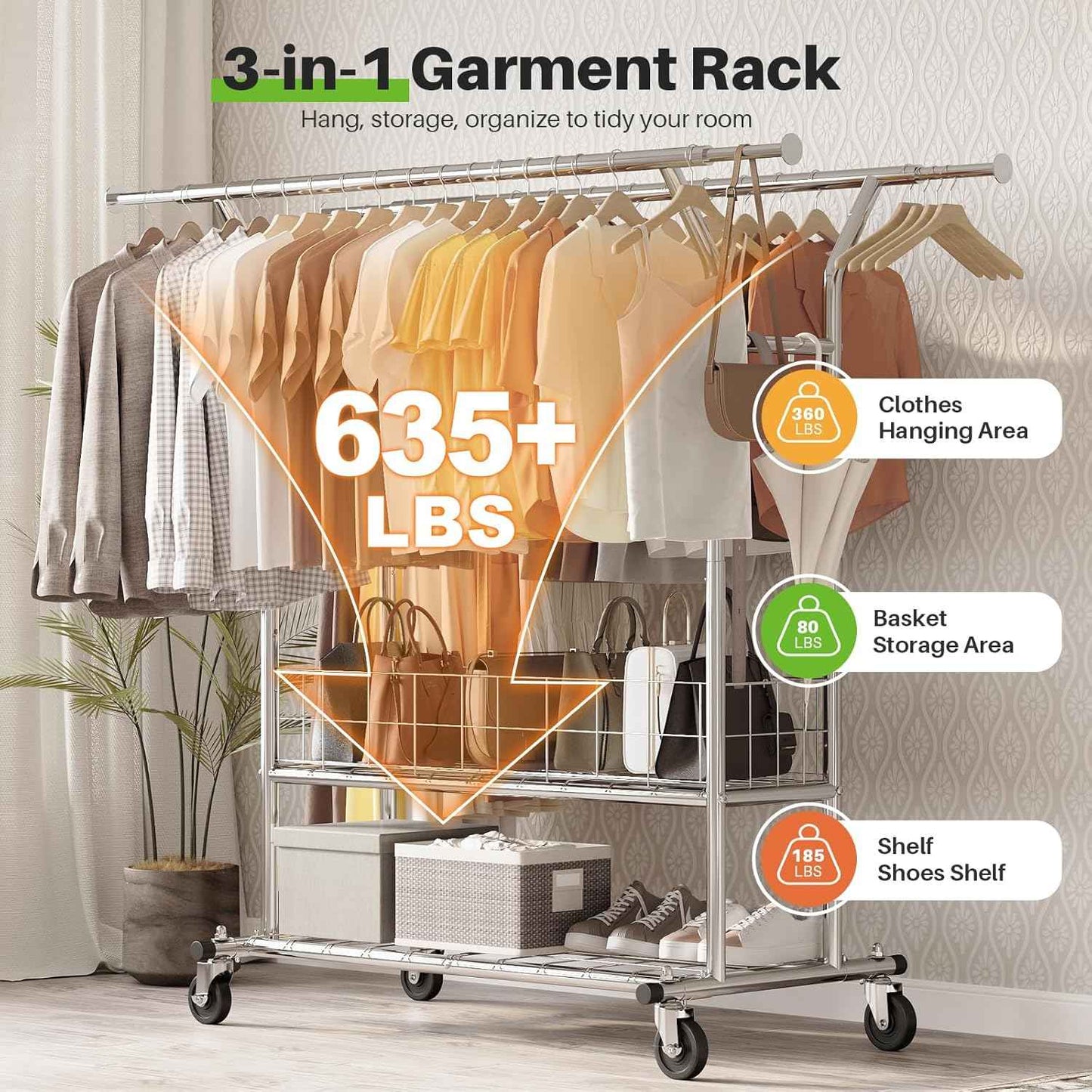HOKEEPER Heavy Duty Clothes Rack Load 635 LBS, Clothing Rack for Hanging Clothes Adjustable Rolling Garment Rack with Wheels for Bedroom, Living Room (Double Rod with Metal Basket)