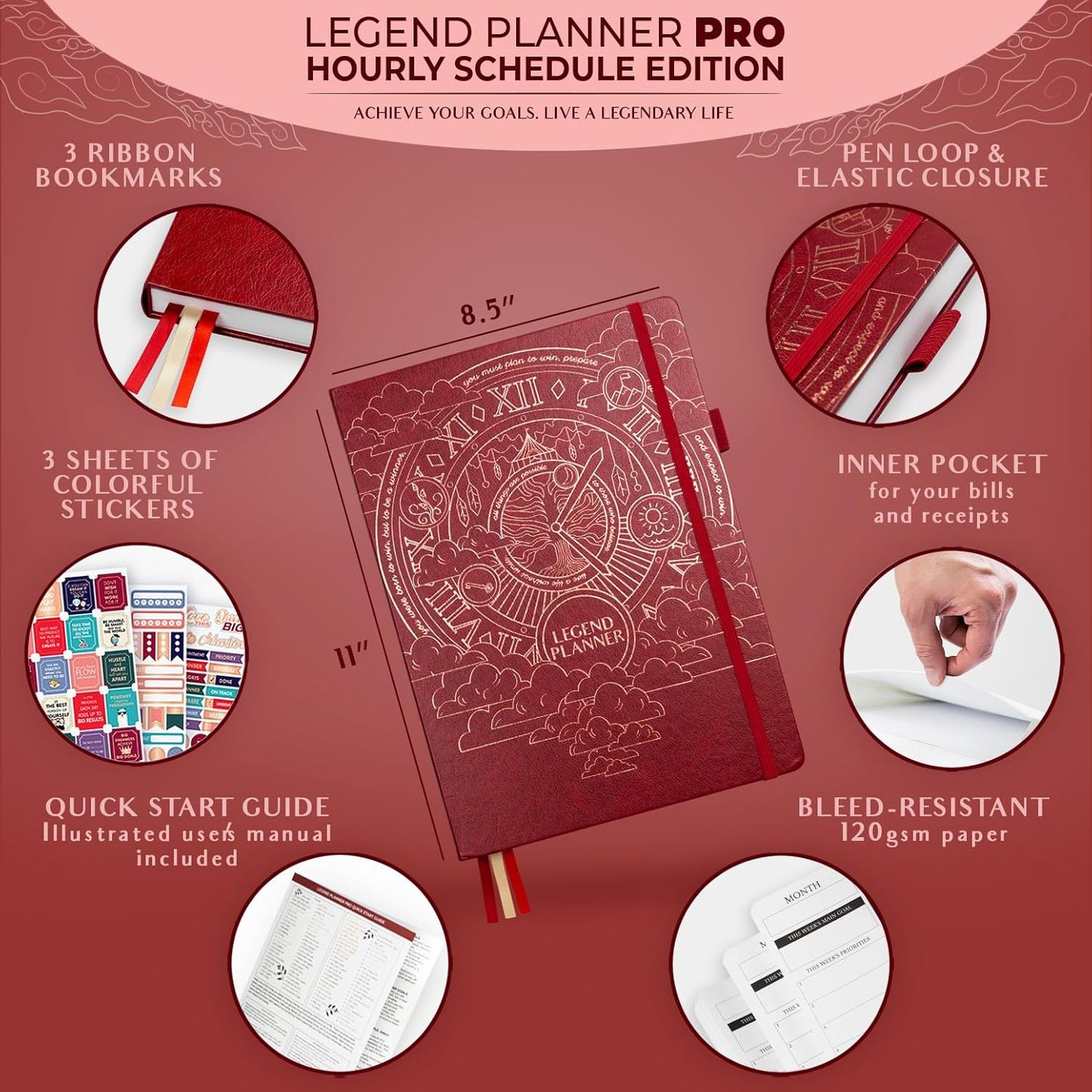 Legend Planner PRO Hourly Schedule - Weekly & Daily Organizer with Time Slots. Appointment Book Journal for Work & Personal, A4 (Wine Red)