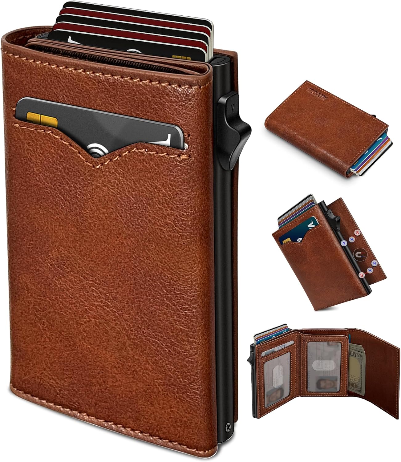 Wallet for Men,with Cash Pocket 2 ID Window 9-13 Cards,Metal Case Smart Slim Pop Up Credit Card Holder Flip with Magnetic Closure RFID Blocking Trifold wallet with Gift Box