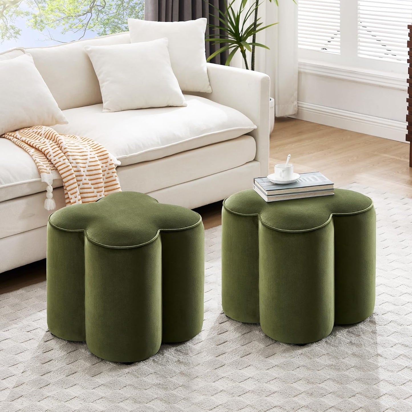 Zesthouse Flower Pouf Ottoman Foot Rest, Velvet Fabric Poofy Ottoman Footstool for Couch, Modern Living Room Stool Seat, Cute Square Vanity Stool for Bedroom Dorm, Green