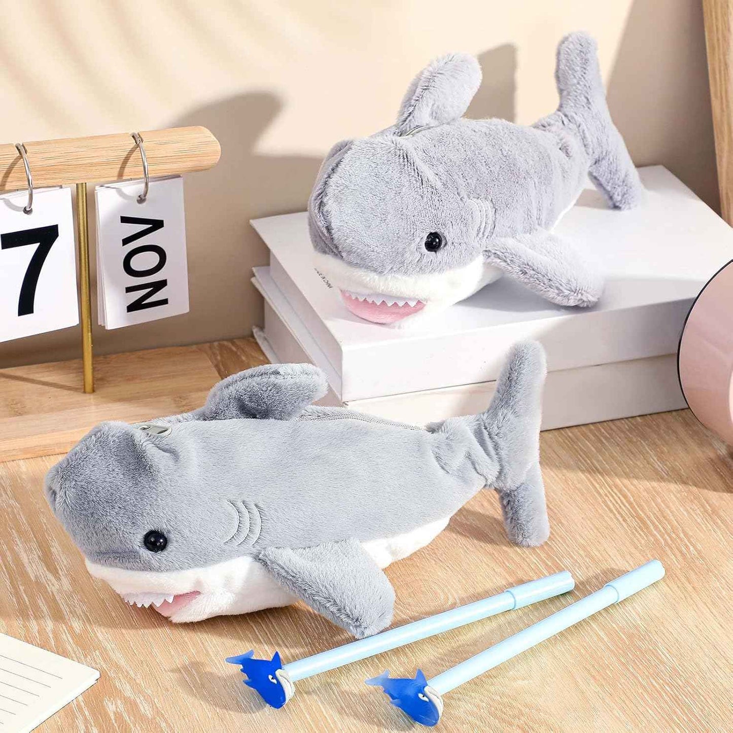 3 Pcs Grey Shark Pencil Pouch for Kids 3D Plush Animal Pencil Case with 2 Fun Pencils & 1 Soft Stationery Bag Ideal Birthday Gift for Boys and Girls, Back to School Supplies
