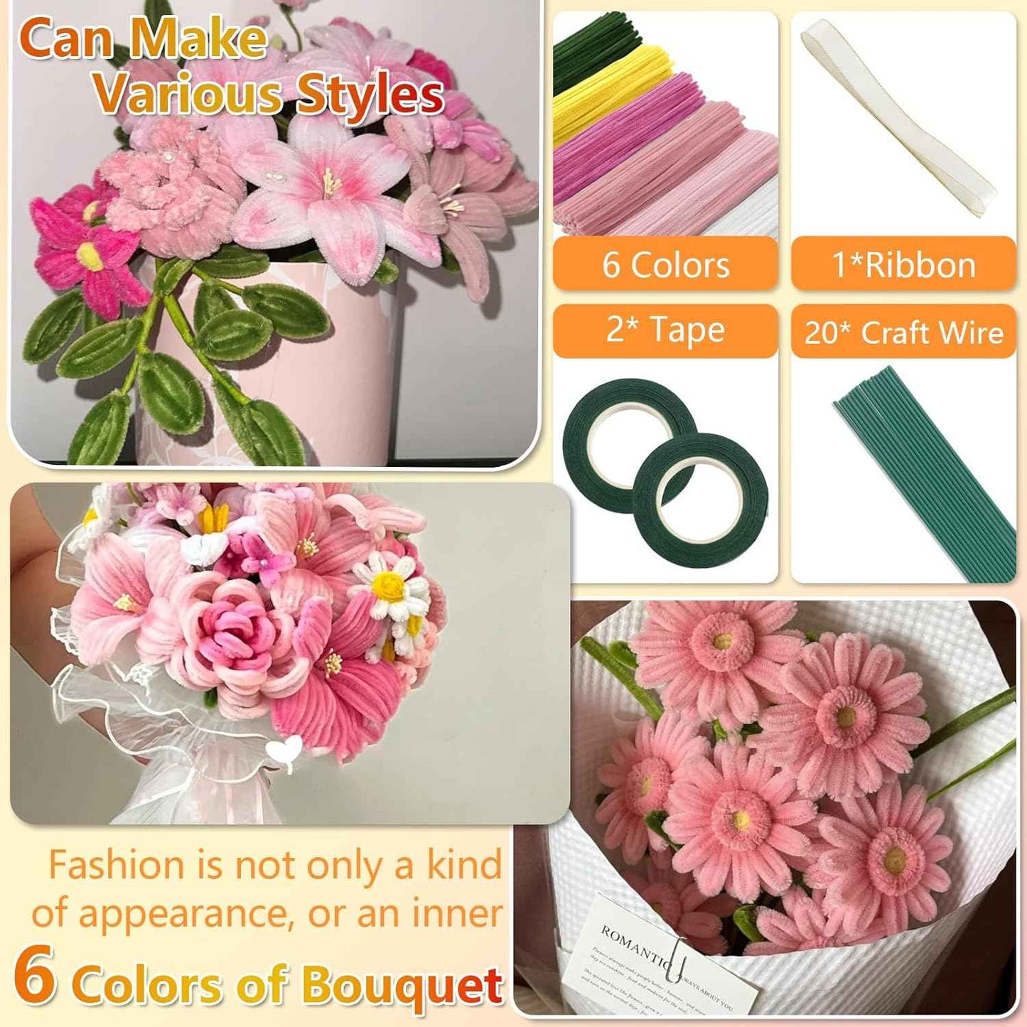 400 Pcs Pipe Cleaners Craft,6 Assorted Colors Pipe Cleaners Bulk, Chenille Stems for DIY Flower Making Kit with Floral Wires, Gardening Tape,Stamen& Ribbon (Pink Flower)