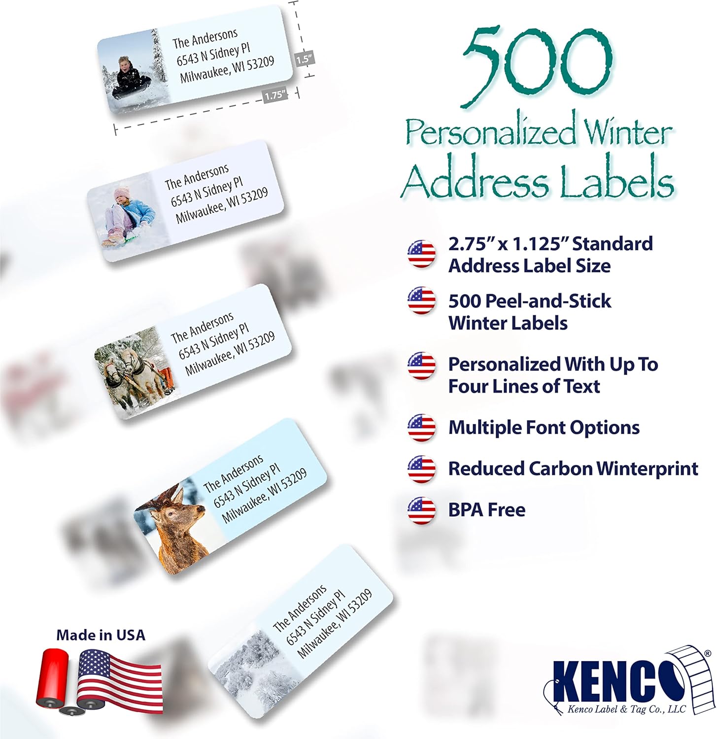 Customized Personalized Winter Holiday Address Labels - Made in The USA by Kenco (500 Labels, Winter) - Lumora Desk