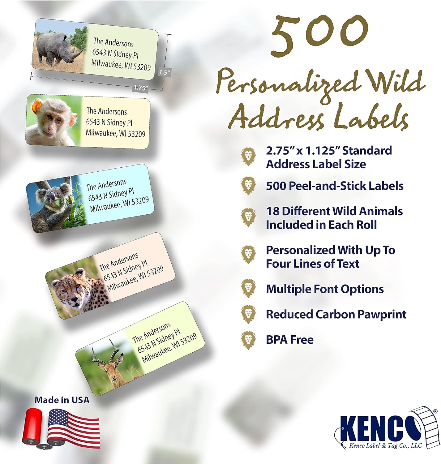 Customized Personalized Address Labels - Made in The USA by Kenco (Wild Animals, 500 Labels) - Lumora Desk