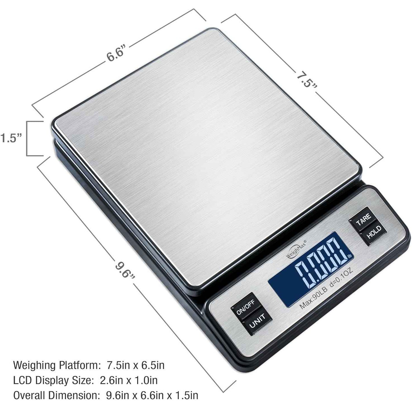 Weighmax W-2809 90 LB X 0.1 OZ Durable Stainless Steel Digital Postal Scale, Shipping Scale With AC adapter, 1 Pack