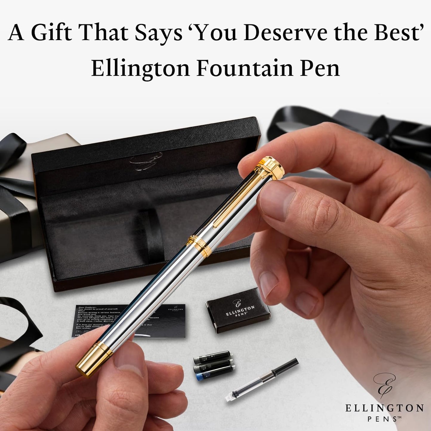 Luxury Fountain Pen Set- Fountain Pens for Writing - Smooth Fine Nib - Includes Refillable Ink Converter, 3 Ink Cartridges [Black & Blue], Gift Box - Elegant Calligraphy
