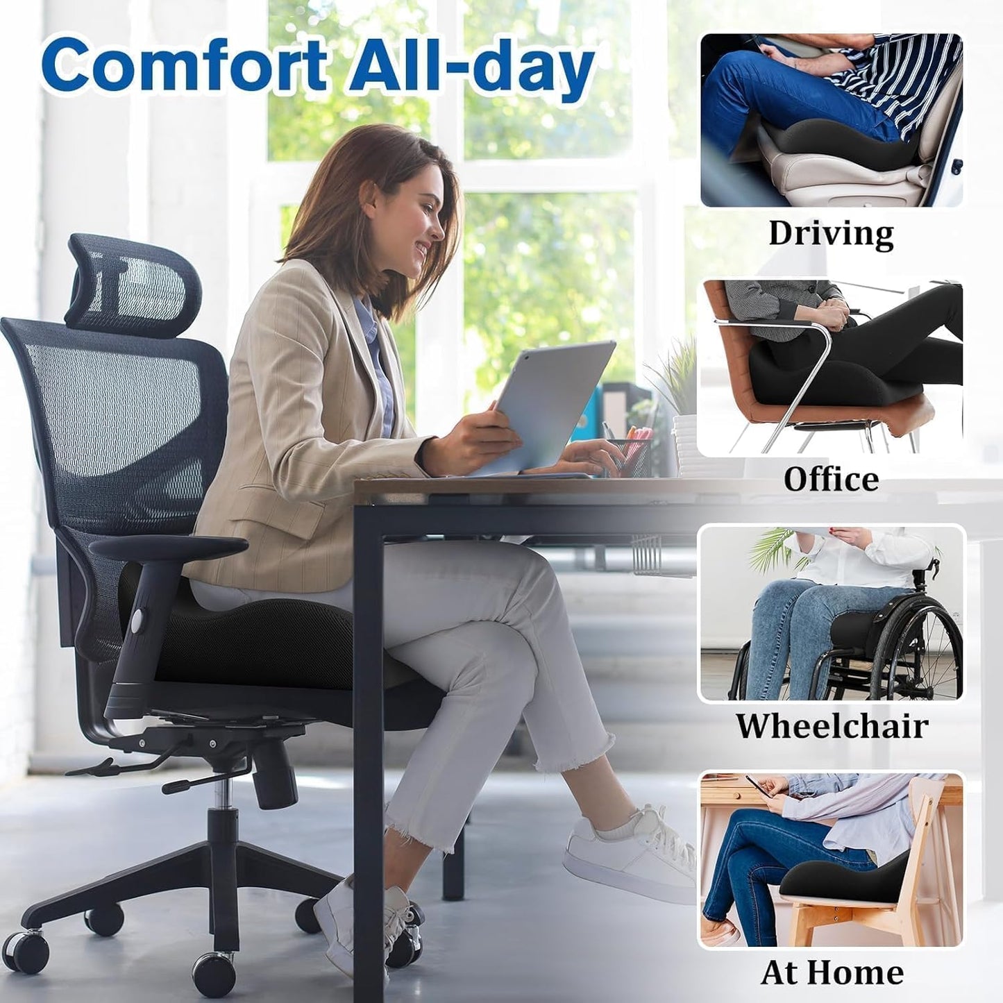 TranquilRelax Seat Cushion Office Chair Cushion for Back & Tailbone & Sciatica Pain Relief, Black Memory Foam Desk Chair Cushion Pressure Relief Seat for Long Sitting Car Drivers, Office Worker