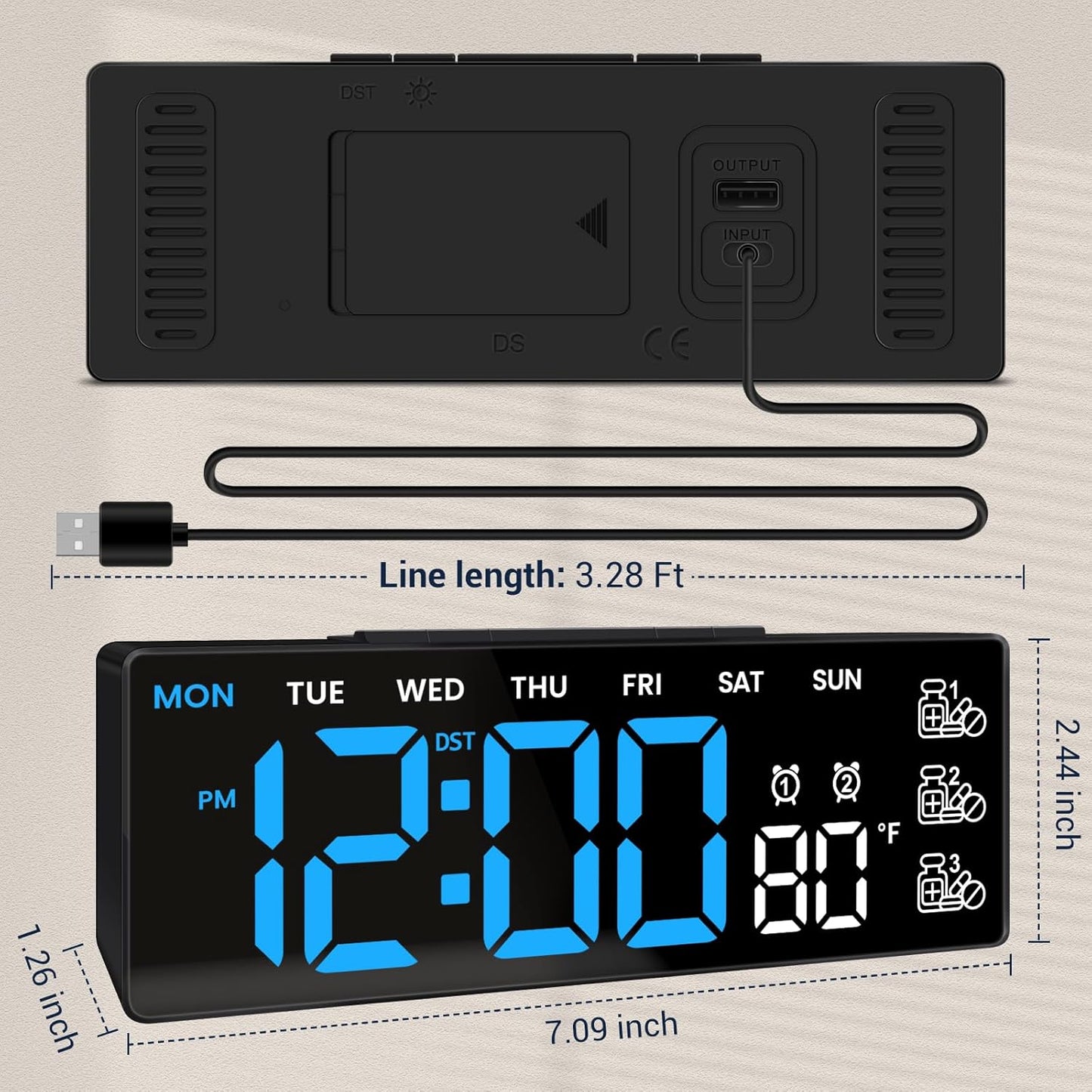 7" Digital Clock - Large LED Display with 3 Medication Reminders, Modern Tabletop Day Calendar Clock with Temperature for Seniors, Desktop Decor for Bedroom Office Home Blue