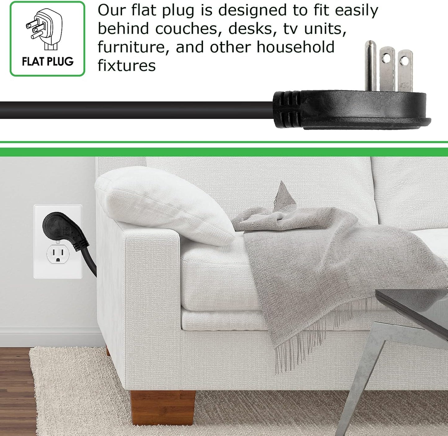 Digital Energy 15 FT 8 Outlet Surge Protector Power Strip - 15 AMP, 1875 W, 125 V, 350 J Surge Protection, ETL Listed - Flat Plug, Black