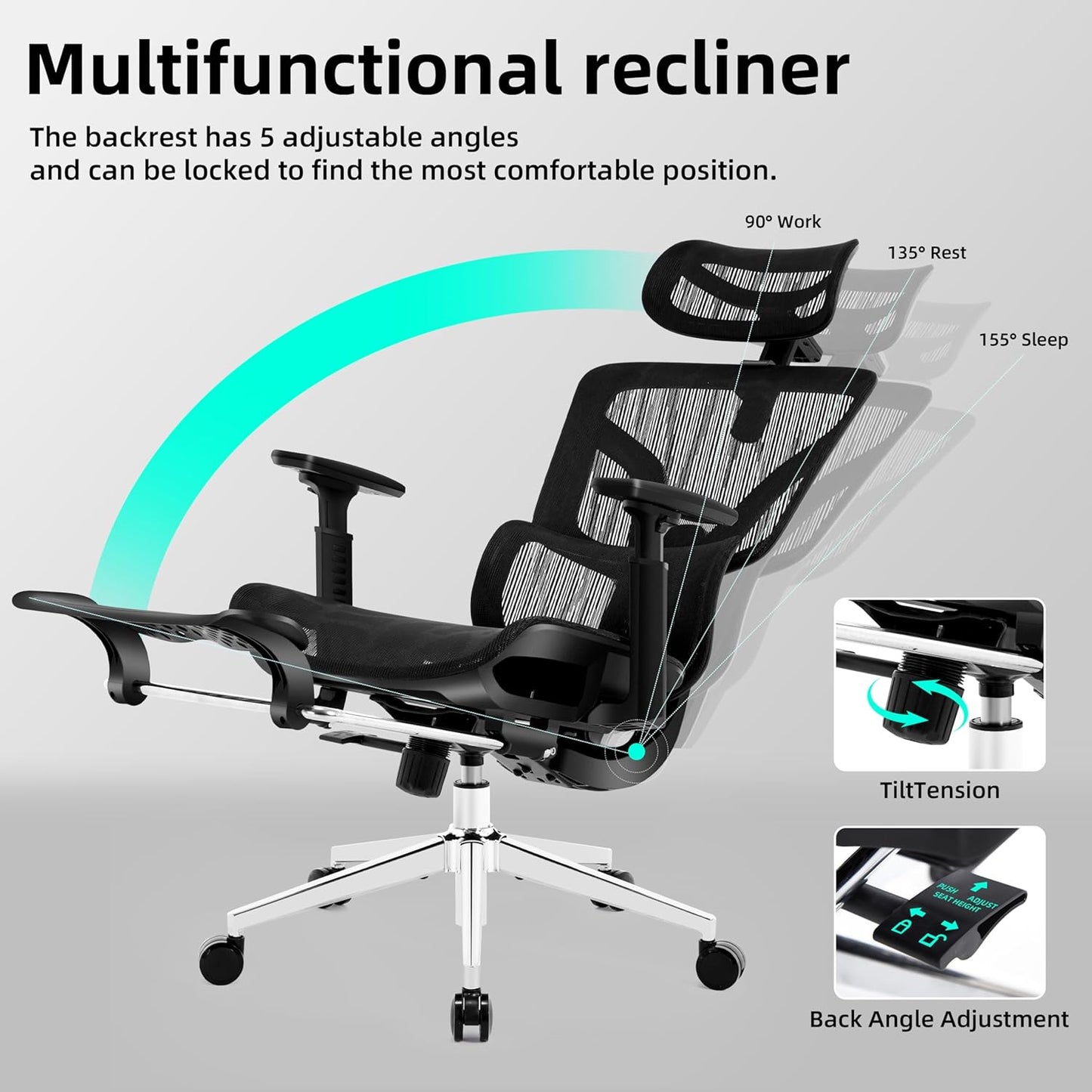 Ergonomic Office Chair with Footrest, Big and Tall Office Chair 4-Level Adjustable Lumbar Support - 155° Tilt Lock and Wide Cushion - 3D Headrest & Armrests, High Back Home Desk Chair(Black)