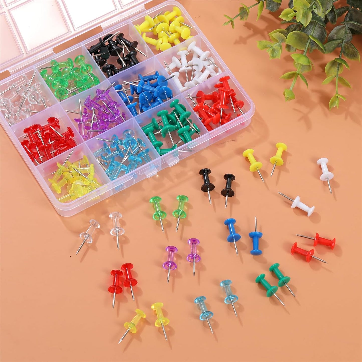 Hudinsun 12 Colors 150 Pcs Push Pins, Standard Thumb Tacks Steel Point and Plastic Head, Push Pins for Bulletin Board, Cork Board and Wall