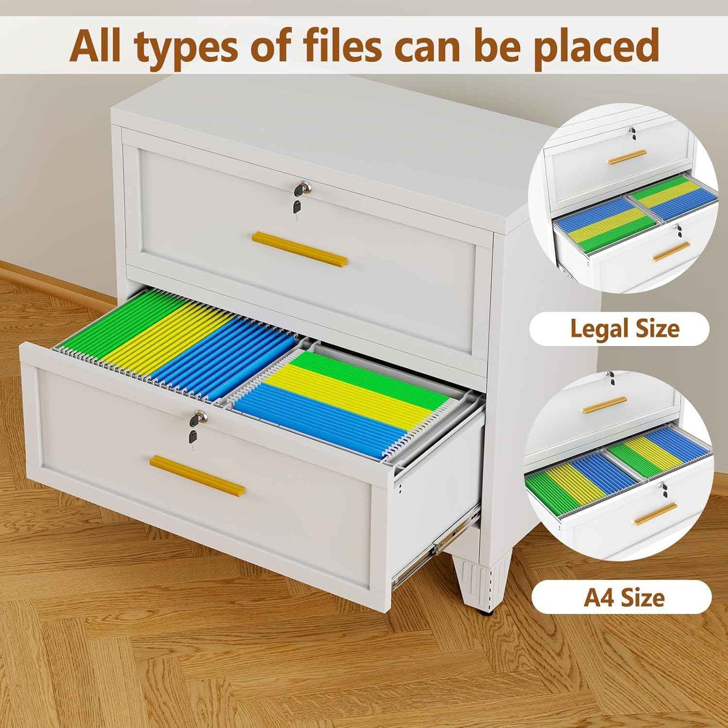 Metal Lateral File Cabinet with Lock,2 Drawer Steel Wide Filing Organization Storage Cabinets for Legal/Letter/A4/F4 Size with Hanging Files&Key,Lockable Printer Stand for Home Office, White