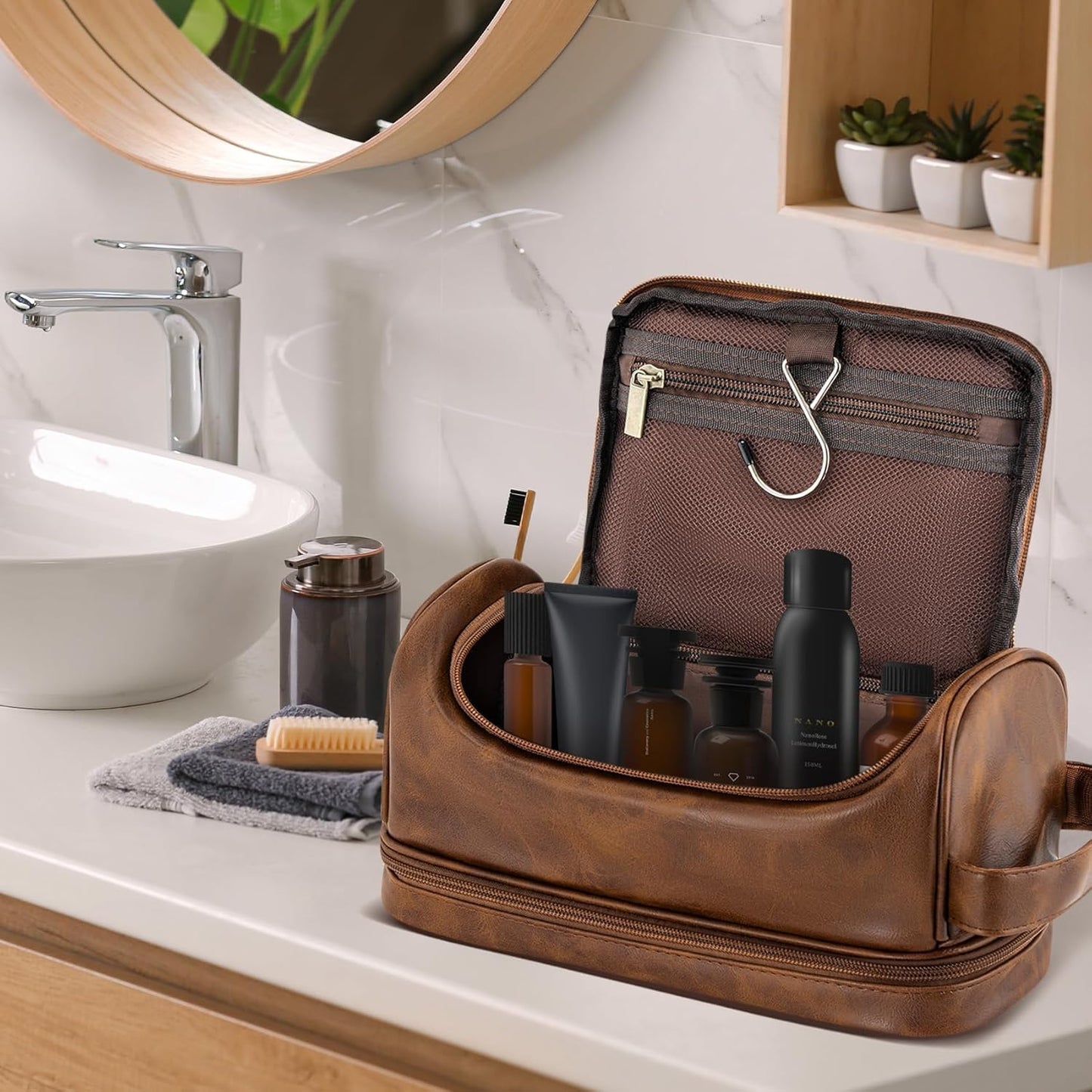 Personalized Christmas Birthday Gifts Toiletry Bag for Men Dad Husband, Custom Initial PU Leather Waterproof Toiletry Organizer Dopp Kit Shaving Bag Travel Essential for Men, Light Brown J