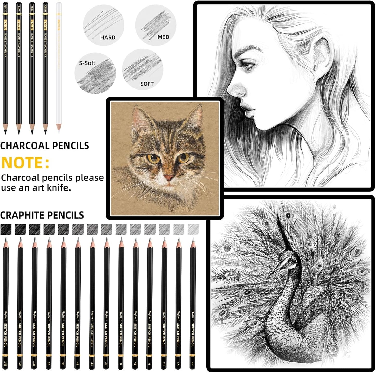 24-Piece Drawing Pencil Set - 14 Graphite Sketch Pencils (14B-4H), 4 Charcoal Pencils, White Charcoal Pencil & Art Supplies, Sketch Pencils for Drawing, Shading, Sketching for Beginners & Artists