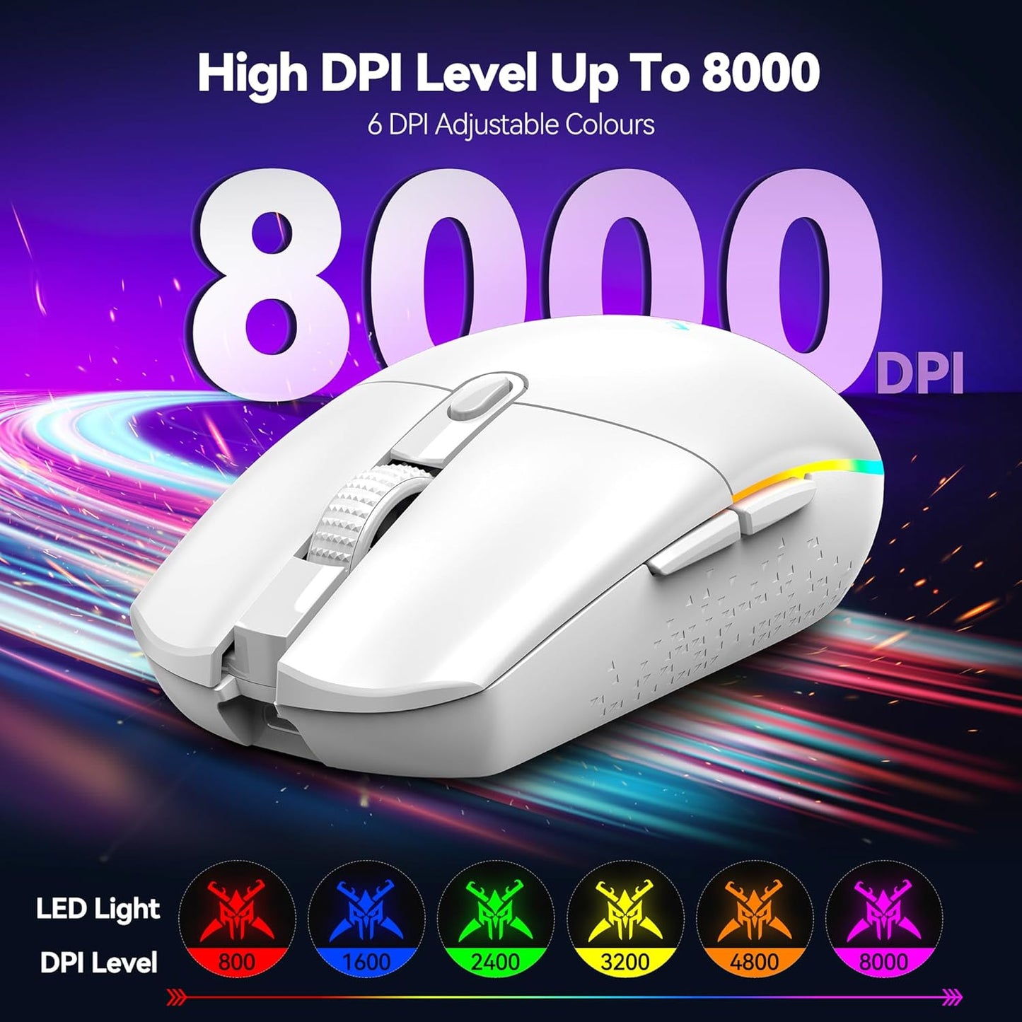 TECKNET Wireless Gaming Mouse - 8000 DPI, RGB Backlit, 6 Programmable Buttons, 100Hrs Battery Life, Dual Mode [2.4G & USB-C] for Laptop,PC,Mac - White