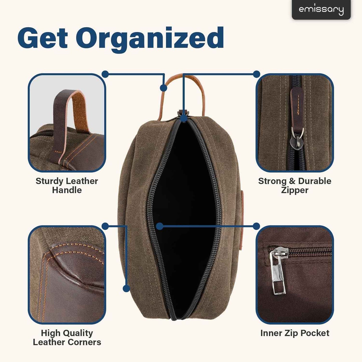 emissary Men's Toiletry Bag, Leather and Canvas Travel Toiletry Bag, Dopp Kit for Men, Travel Bathroom Bag Men's Shaving Kit, Travel Kit Small Bags for Men, Shaving Bag for Travel Accessories (Coffee)